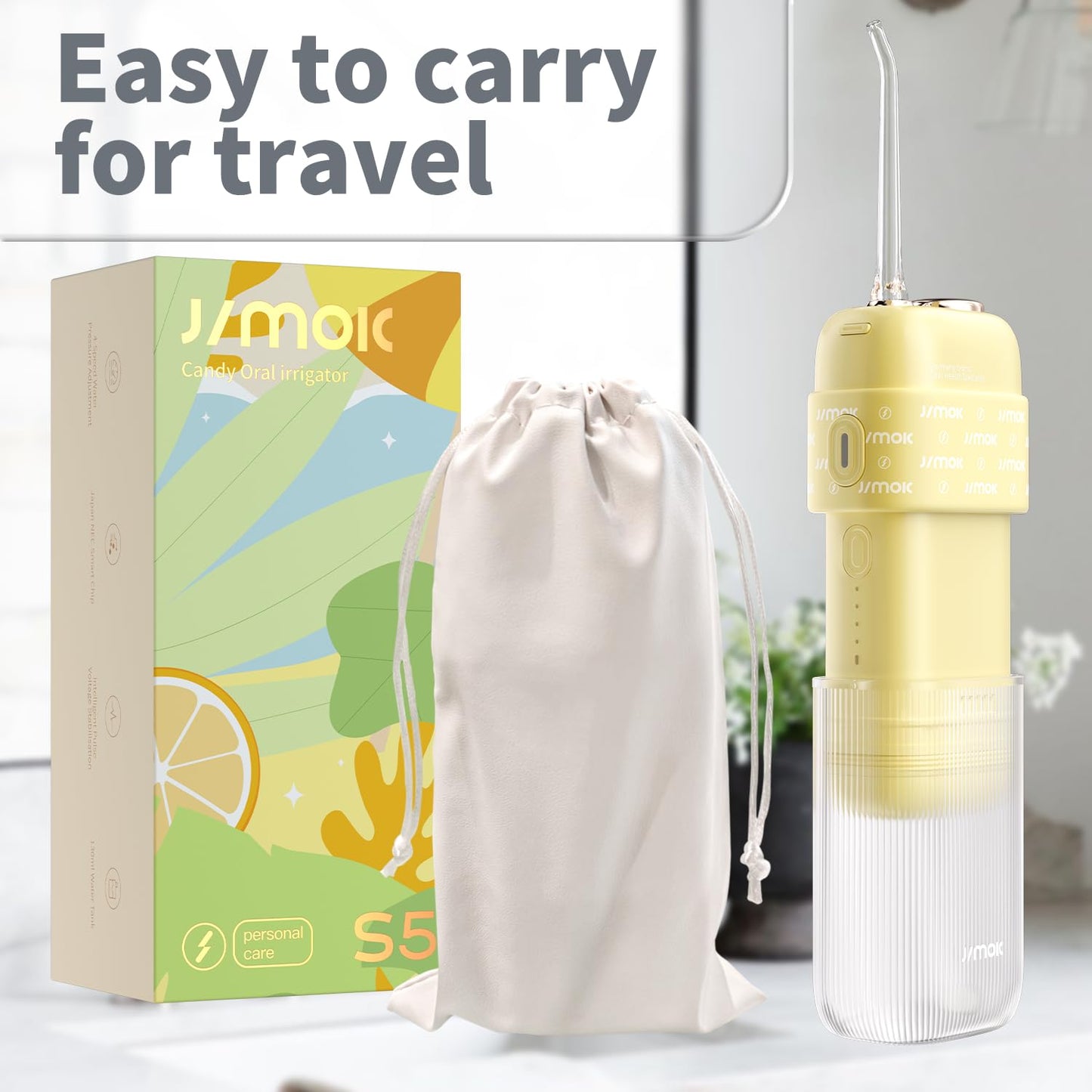 JIMOK Portable Water Flosser Mini Cordless Portable Oral Irrigator Water Teeth Cleaner Pick,Telescopic Water Tank,4 Modes & IPX8 Waterproof, Home & Travel Water Flossers for Teeth (Yellow)