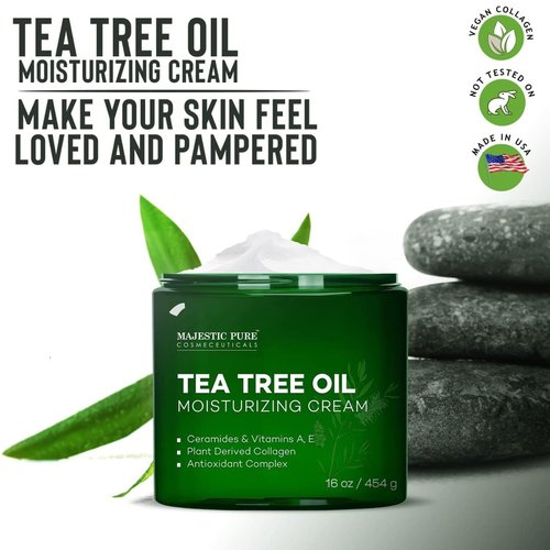 Majestic Pure Tea Tree Oil Moisturizing Cream - Nourishing Body, Foot & Face Lotion - Enriched with Ceramides & Vegan Collagen - Ideal for Dry & Oily Skin - 16 oz