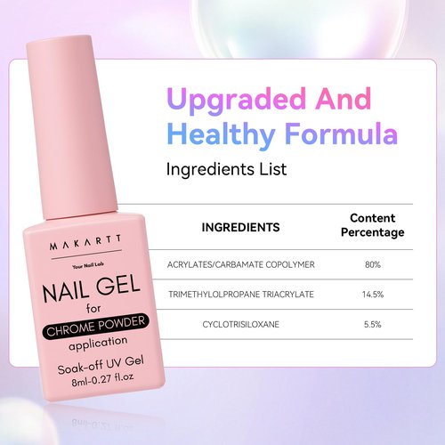 Makartt No Wipe Gel Top Coat for Chrome Nail Powder - Clear High Gloss Mirror Shine Top Coat Gel Nail Polish, Long Lasting Soak-Off LED UV Lamp, DIY Home Salon Art Design Gifts, 8ml Pink Bottle
