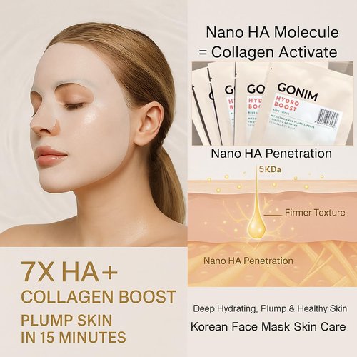 GONIM Hydrating Face Mask - Korean Skin Care with Hyaluronic Acid & Vitamin C | 15 Pack, Anti-Aging Moisturizer