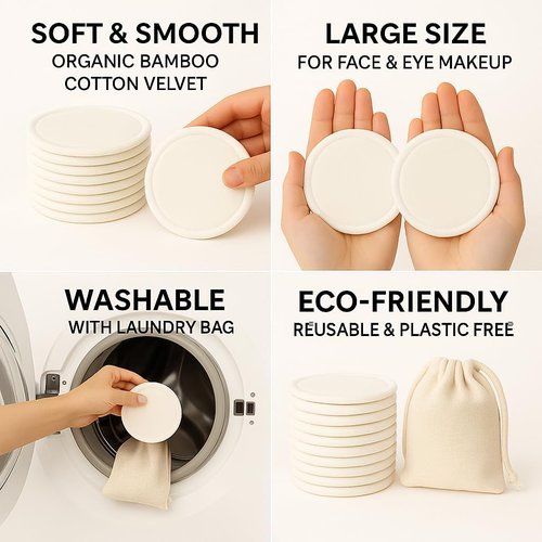 Eco-Friendly Makeup Remover Pads by Skiennix - 12 Bamboo Cotton Rounds with Laundry Bag | Soft, Washable Facial Pads for Sensitive Skin