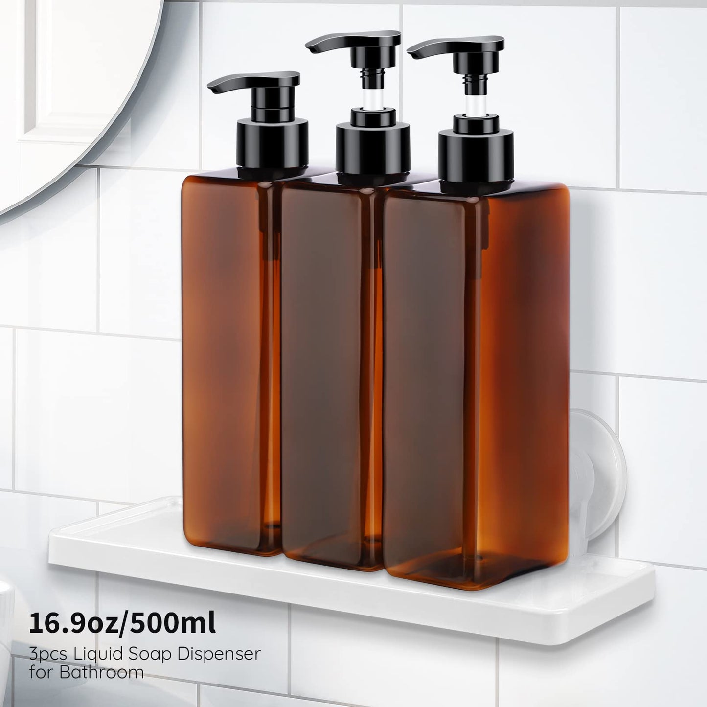 Segbeauty Shampoo Bottles, 3pcs 16.9oz 500ml Refillable Pump Dispenser with Labels, Empty Reusable Plastic Press Bathroom Hotel Shower Containers for Shampoo Conditioner Body Soap Hand Soap Gel Amber