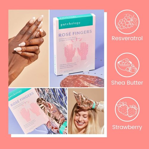 Patchology Rosé Fingers Hand Mask - Strawberry-Scented Moisturizing Gloves with Shea Butter for Soft Skin | 1 Pair