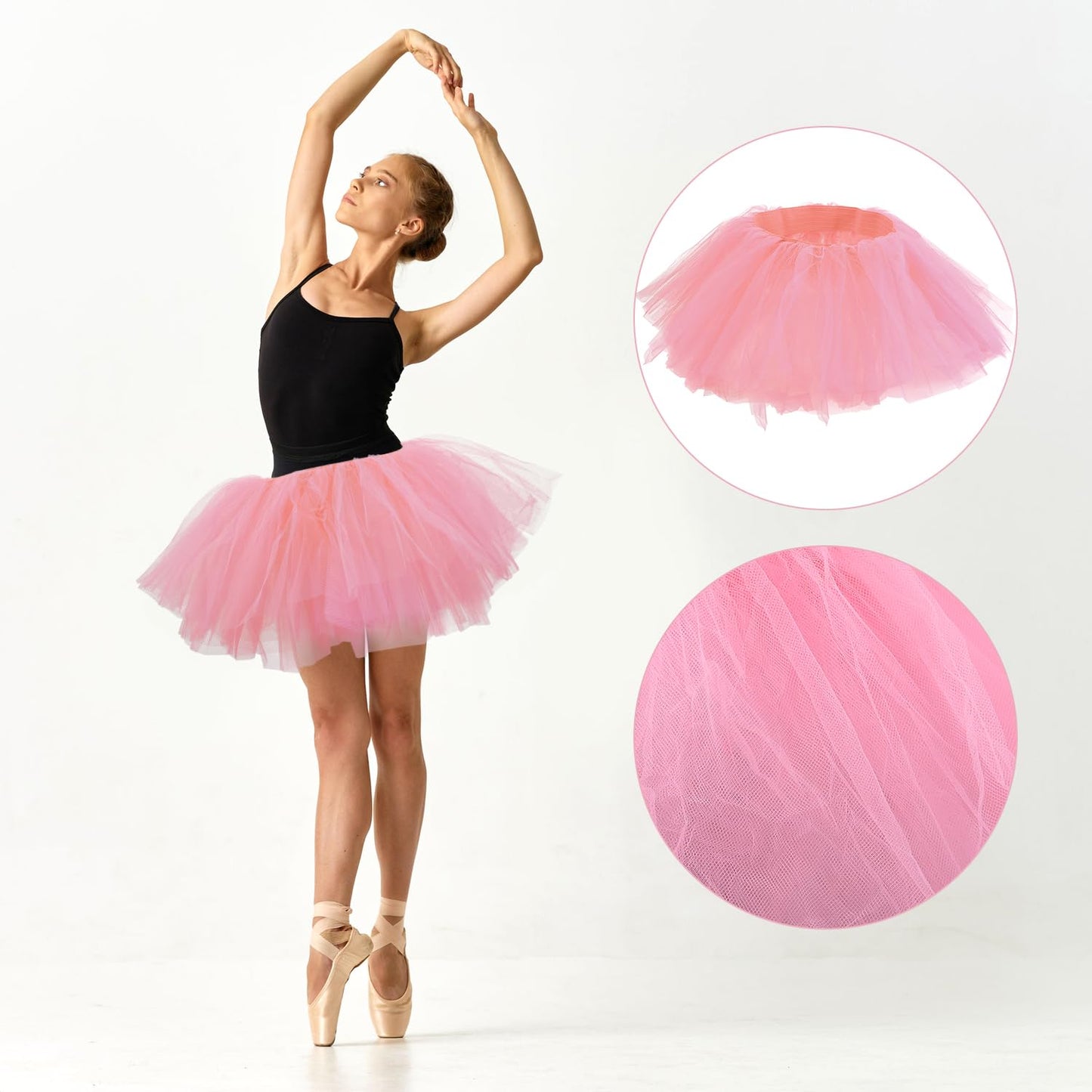 2pcs Tutu Skirts, 5 Layered Tulle Tutu Skirt Elastic Mini Tutu Skirt Layered Ballet Mesh Skirt Tutu Costume Tutu Dress for Women Dace Show Halloween Dress Up Party (Pink)