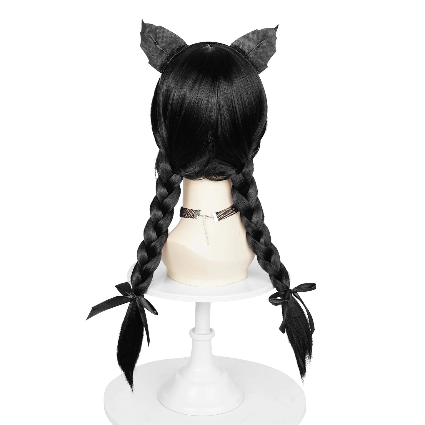 Black Braided Wednesday Wig for Kids, Long Braids Wig with Ribbon Adjustable Chocker Headband Accessories for Halloween Costume Cosplay Party