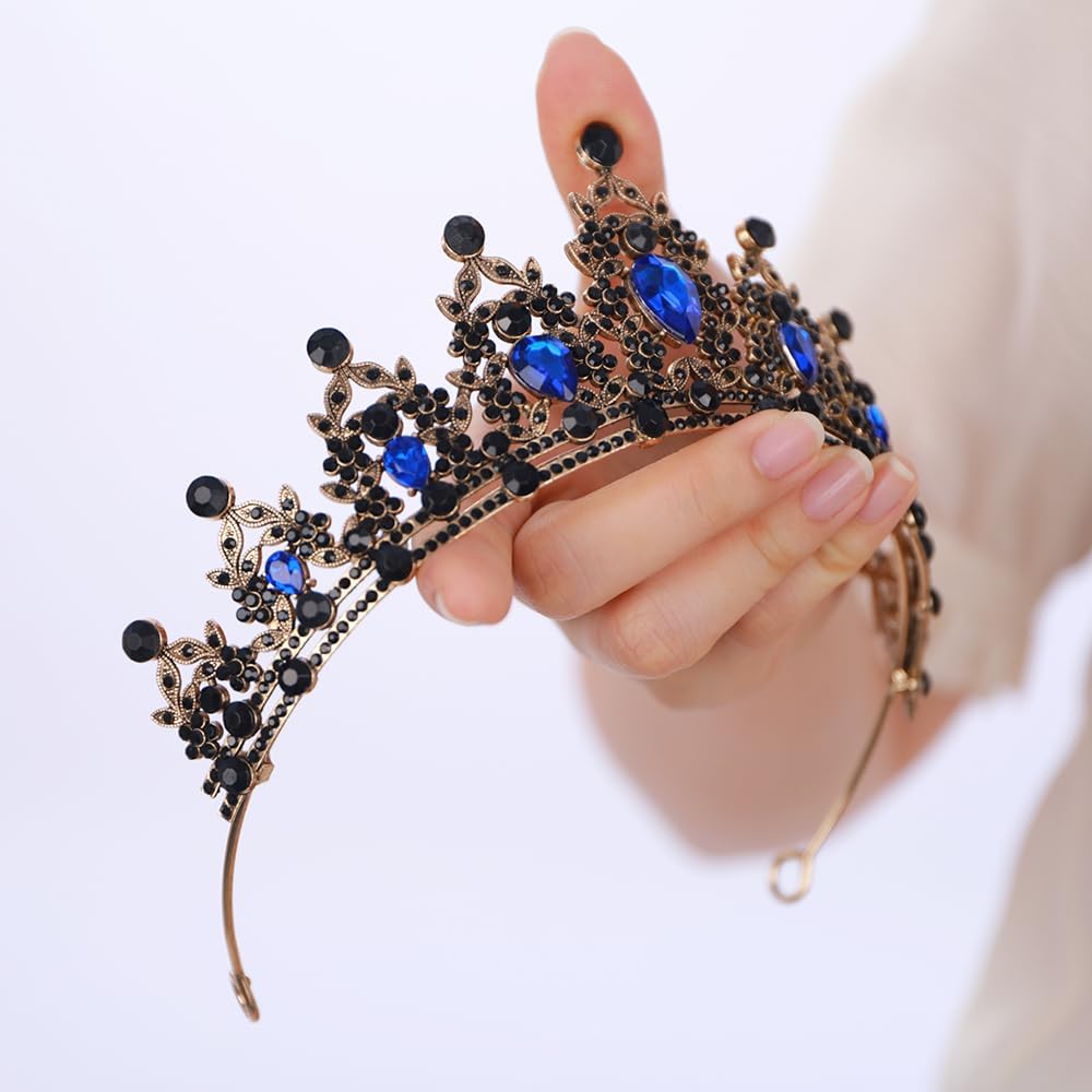 BERYUAN Blue Black Crystal Rhinestone Wedding Headband Flower Crystal Vintage Headpiece Baroque Queen Halloween Headdress Gothic Black Rhinestone Wedding Hairpiece for Girls (blue)