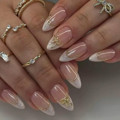 geyakal French Tip Press on Nails - Almond Fake Nails - Bow False Nails Press ons - Medium 3D Gold Acrylic Glossy - Cute Glue on Nails - for Women Artificial Stick on Nail 24 Pcs