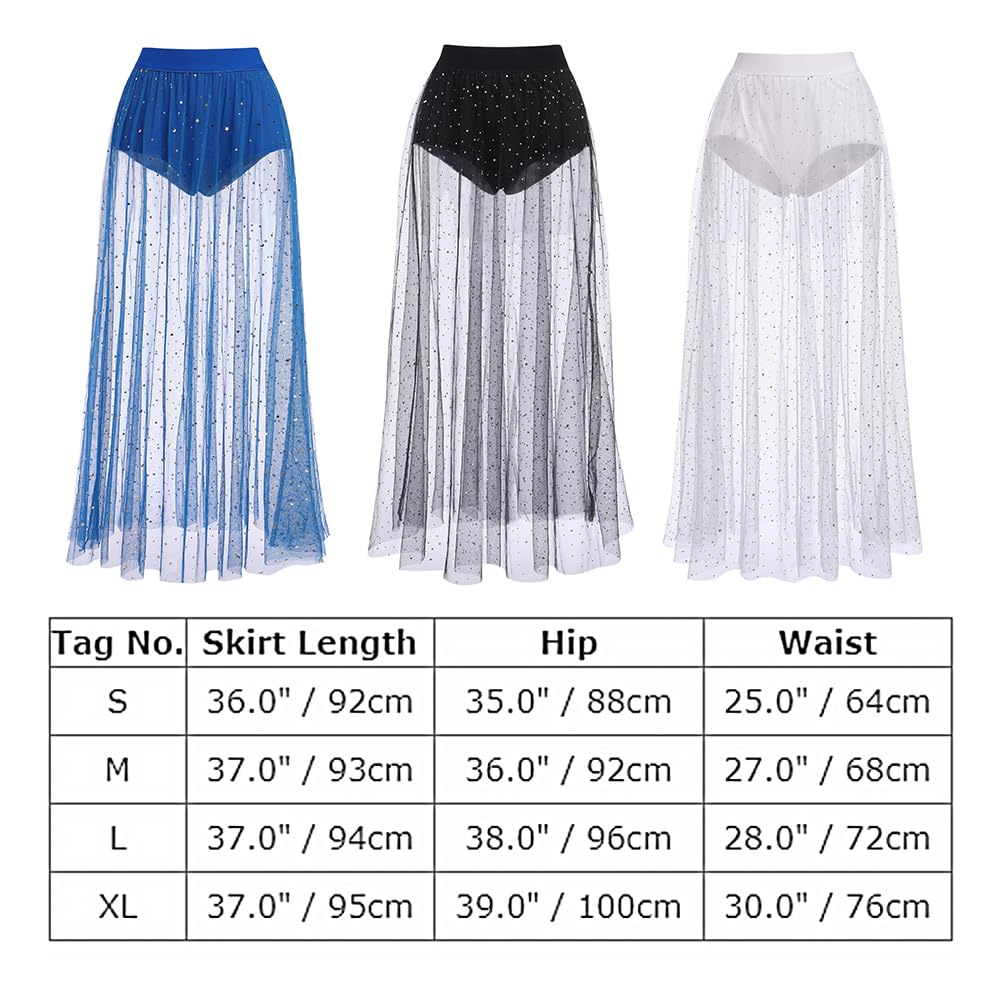 Women's Sheer Mesh 2 in 1 Glitter Sequin Elasticized High Waist A Line Party Maxi Skirt Sparkle Galaxy Sequin Tulle Cover ups Festival Outfits Costume Black Polka Dot S