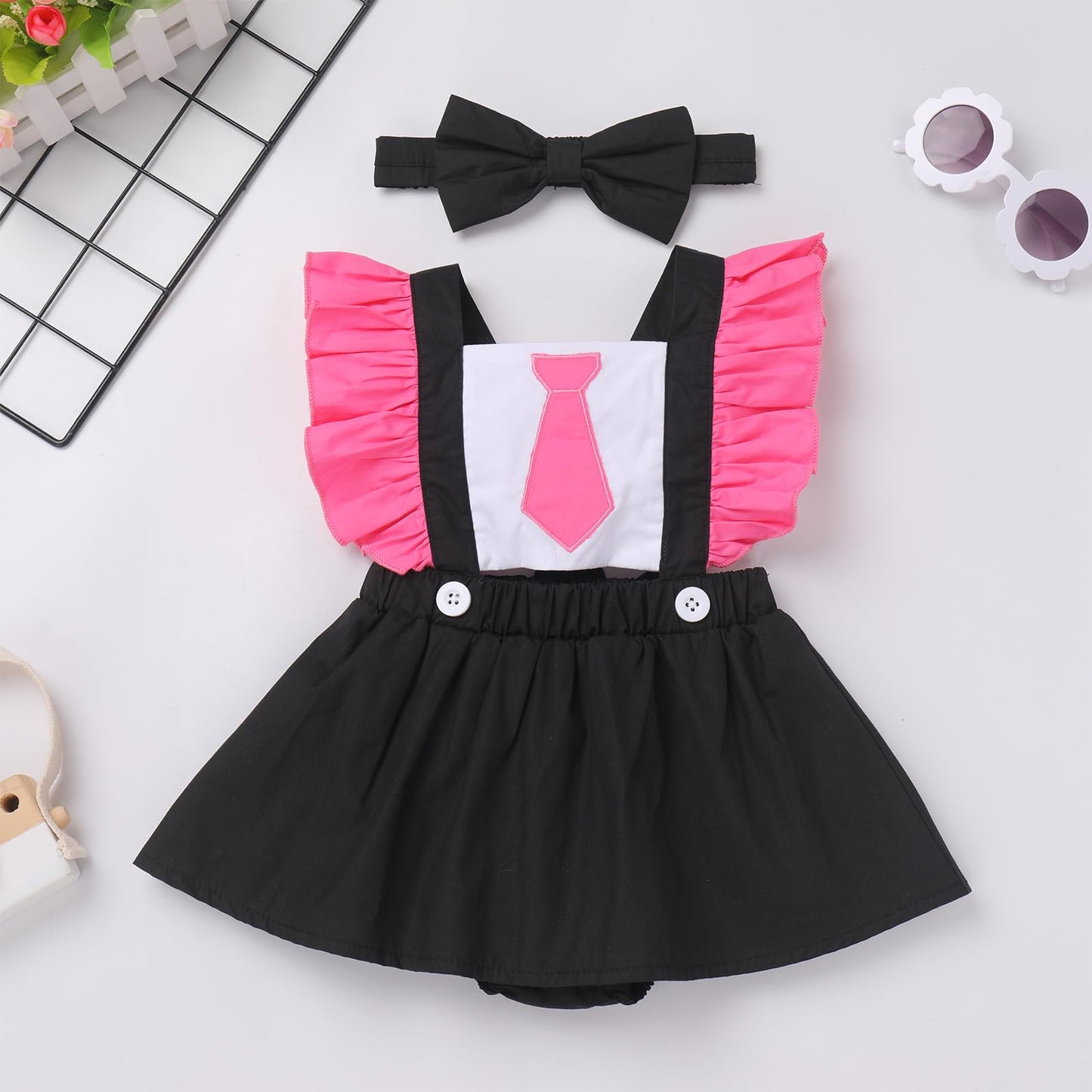 Infant Baby Girl Romper First Birthday Dress Cake Smash Outfits Toddler Halloween Cosplay Costume Easter Baptism Christening Onesie Wedding Christmas Outfits Black+Pink (2PCS) 0-6 Months