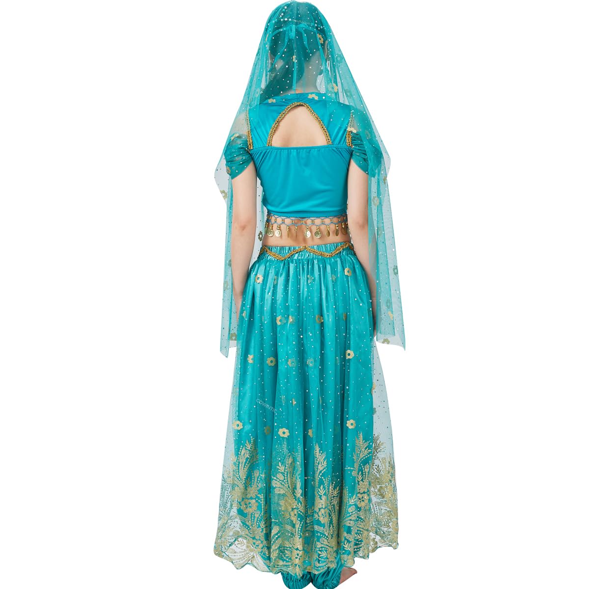 COWINTIC Belly Dance Princess Costume - Aladdin Jasmine Cosplay Outfits Halloween Party Teal Costumes for Women/Girls(Adult,XL)