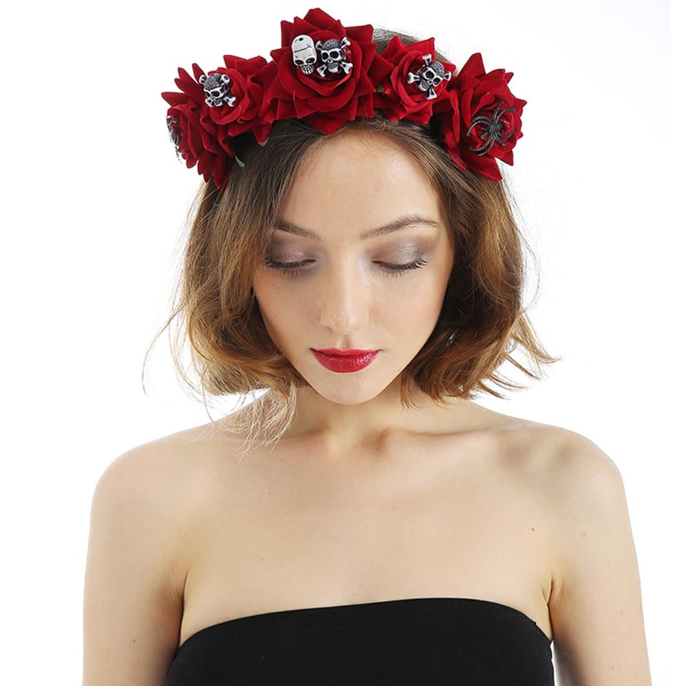 Halloween Skull Floral Crown Headband Mexican Day of the Dead Costume Gothic Rose Flower Garland Headwear Hair hoop for Women