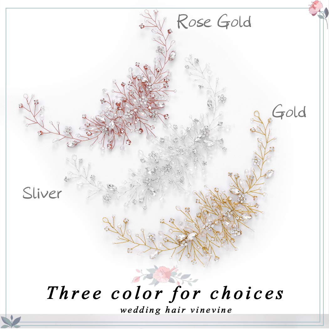 Unicra Bride Flower Wedding Hair Vine Crystal Bridal Hair Piece Rhinestone Party Hair Accessories Leaf Hair Jewelry Bead Headpiece for Women and Girls (Gold)