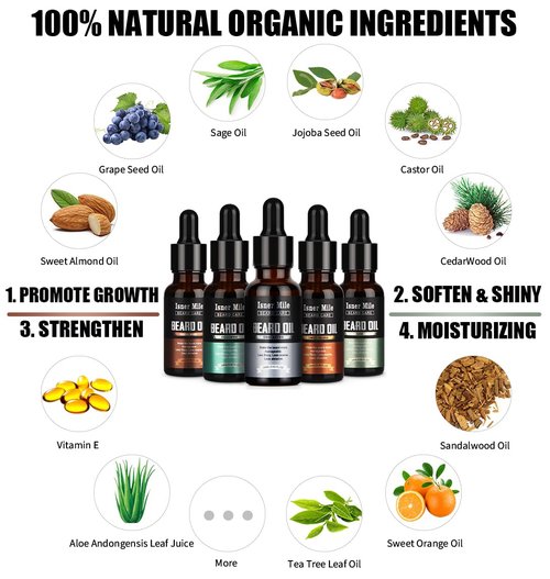 ISNER MILE Beard Oil Kit - 5 Pack Sandalwood, Orange, Cedarwood & Sage - Perfect for Beard Care & Gifts