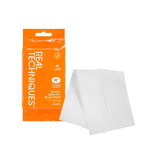 Real Techniques Miracle Quick Dry Brush Wipes - Fast-Drying Makeup Brush Cleaner, 20 Count | Travel-Friendly & Vegan