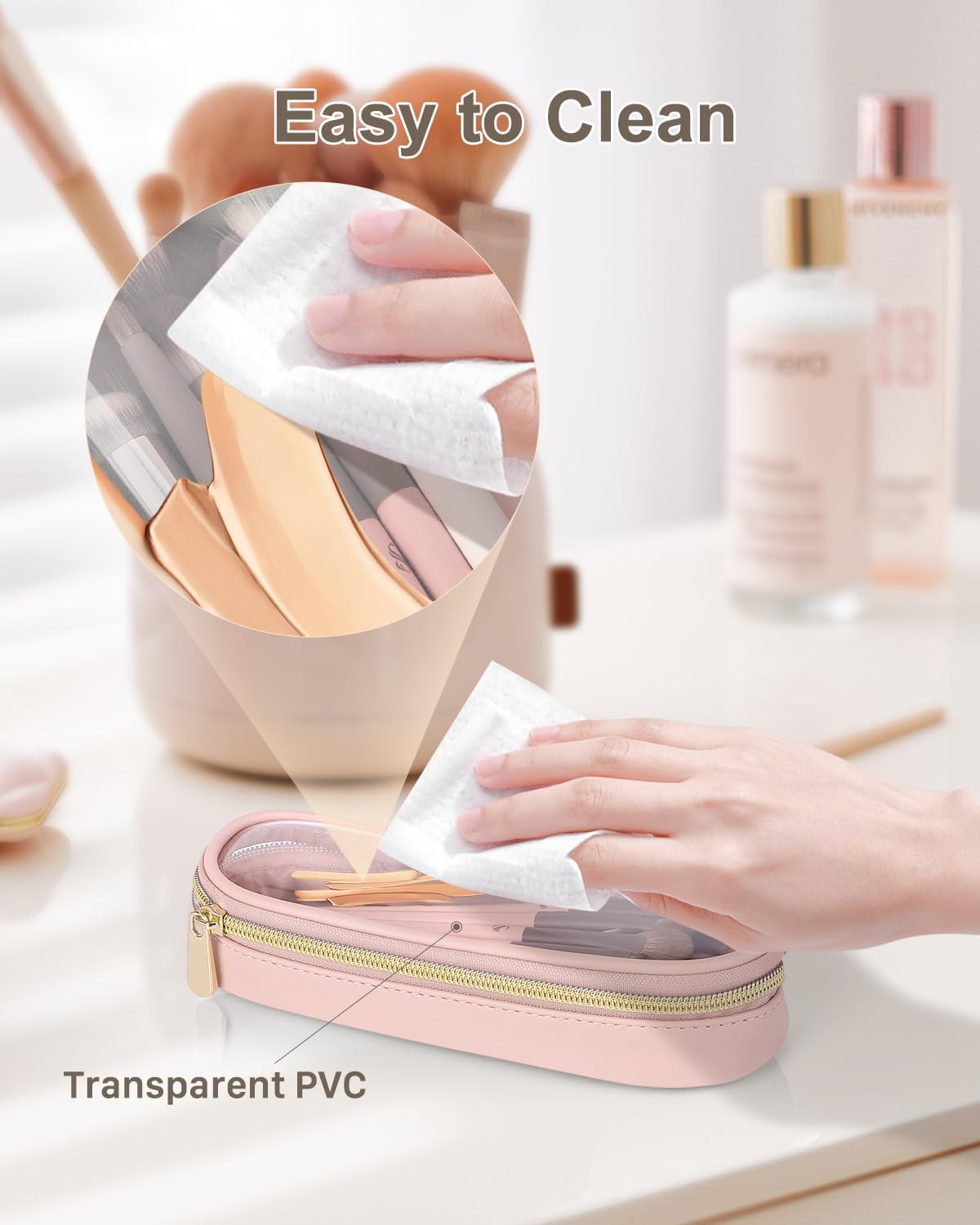 Soimeat Clear Travel Makeup Brush Holder - Large Pink Waterproof Cosmetic Case