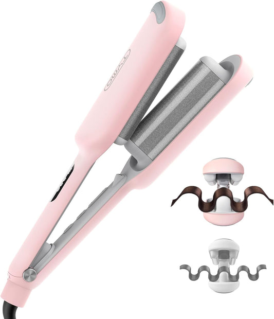 TYMO ROVY Curling Iron - Ionic 3-Barrel Hair Waver for Beach Waves, Anti-Scald, Pink, 1.25 Inch
