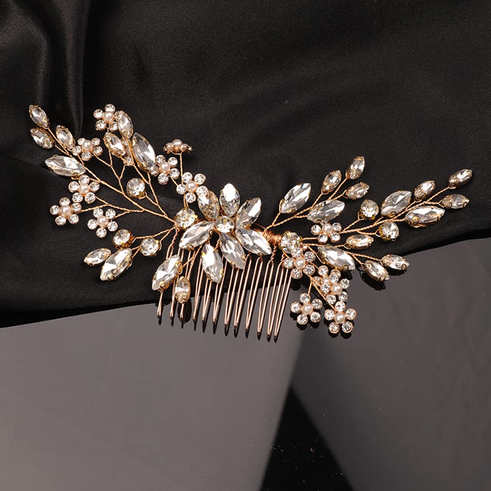 Teyglen Rhinestone Flower Bride Wedding Hair Comb Headband Crystal Hair Pieces Headpieces with Rhinestones Hair Accessories Handmade Bridal Side Hair Combs for Women Bride Girls (Gold)