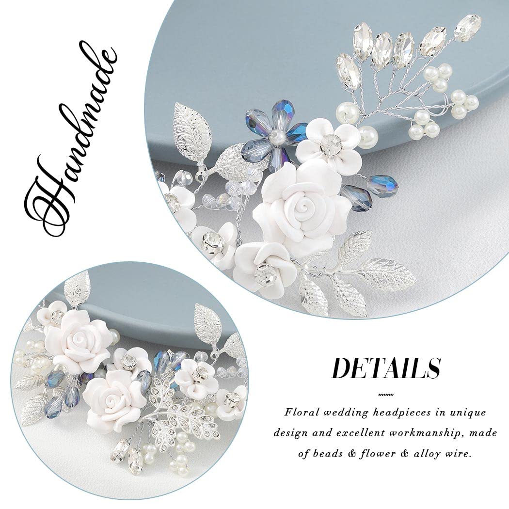 Gorais Flower Bride Wedding Hair Vine Blue Rhinestone Bridal Hair Accessories Silver Crystal Wedding Headpiece Leaf Hair Piece for Women and Girls