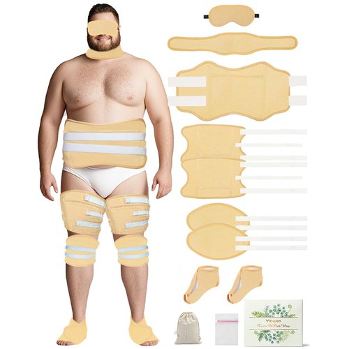 11PCS Plus Size Castor Oil Pack Kit - Reusable Full Body Wraps for Stomach, Neck, Eyes, Knees, Feet & Legs | 3-Layer Flannel Cotton, Full Adhesive | Pain Relief, Liver Detox, Stress Relief (Khaki)