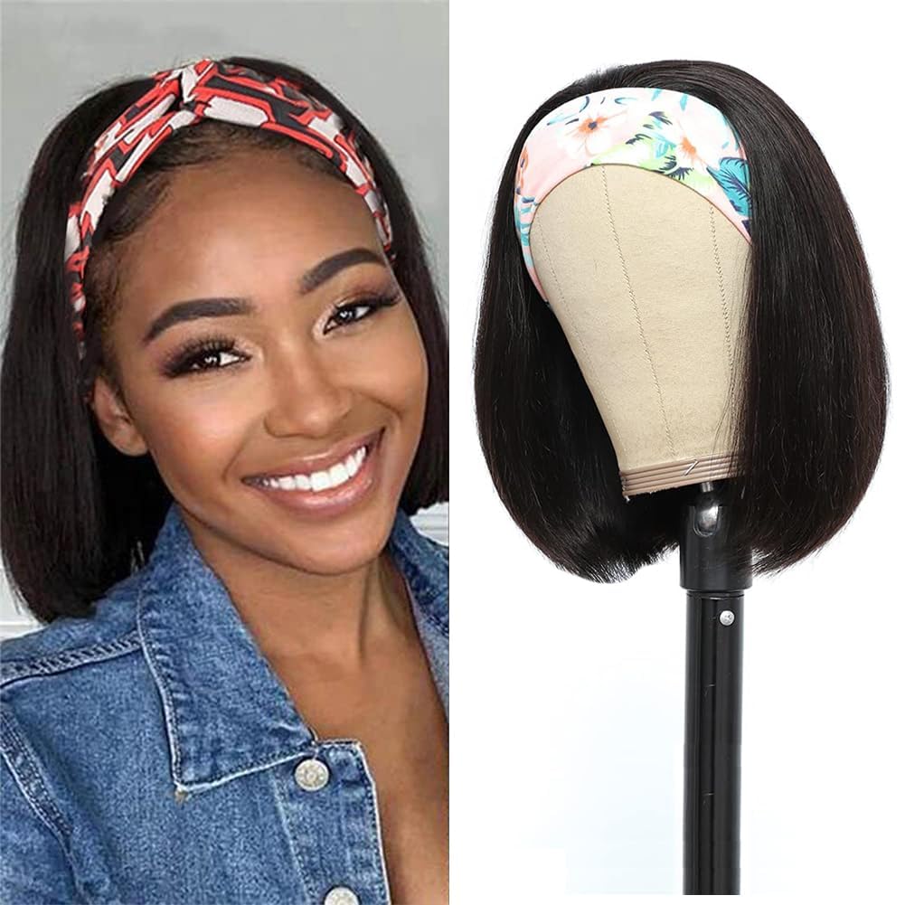 Straight Bob Headband Wig Human Hair None Lace Wigs for Black Women Glueless Short 100% Brazilian Virgin Head Band Easy to Install Half with Free