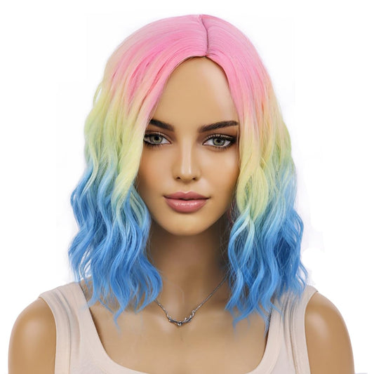 MAGQOO Rainbow Wig for Women Short Colorful Wig Multicolor Wig Side Part Short Curly Wavy Rainbow Hair Wigs Synthetic Heat Resistant Cosplay Costume Party Wigs