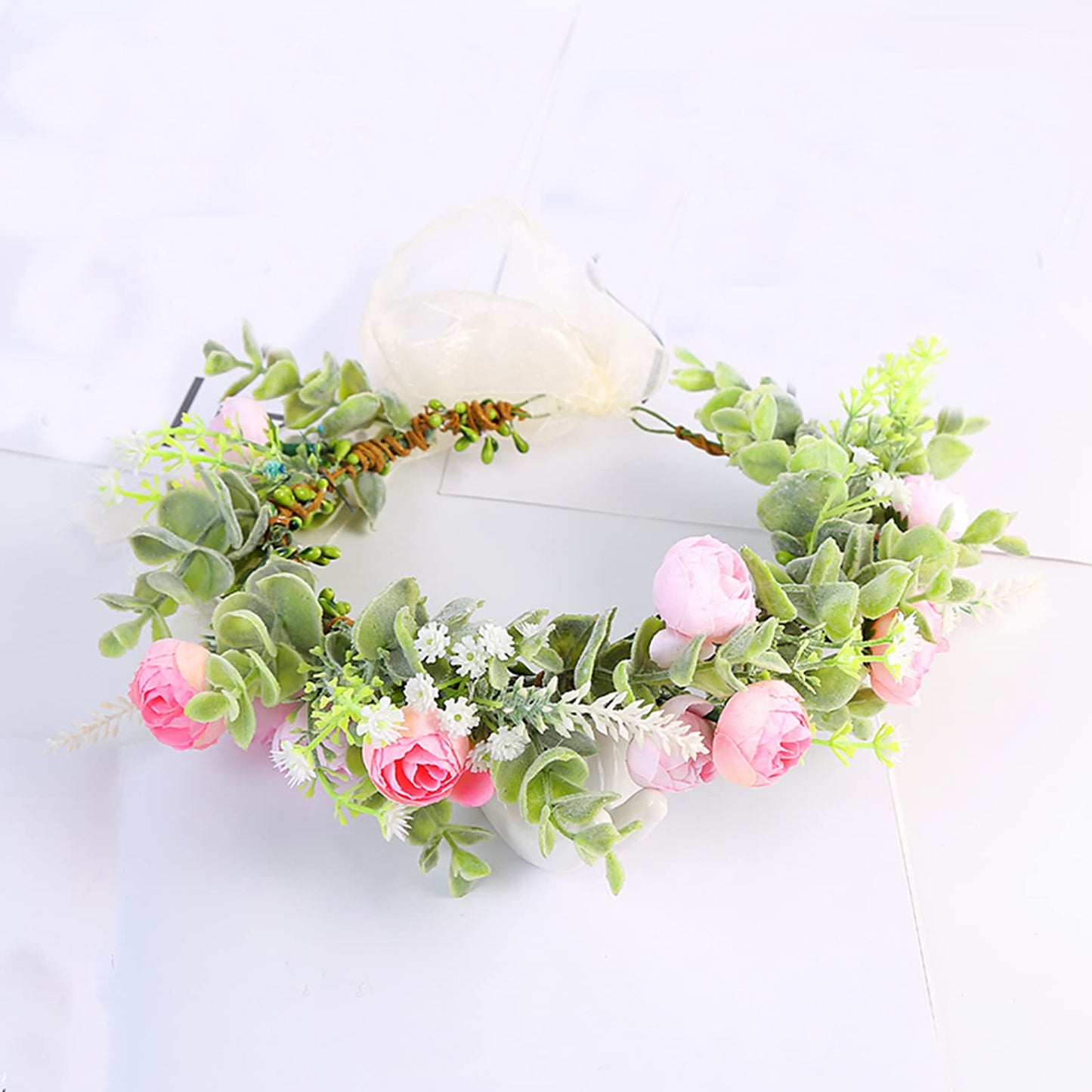 Vivivalue Women Flower Crown Flower Garland Headband Hair Wreath Floral Headpiece Halo Boho with Ribbon Wedding Party Photos Pink