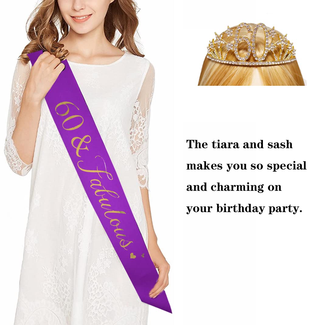 Happy 60th Birthday Tiara and Sash Gifts Crystal Rhinestone Princess Crown Birthday Queen Party Favor Supplies Gold Crowns Purple Sash