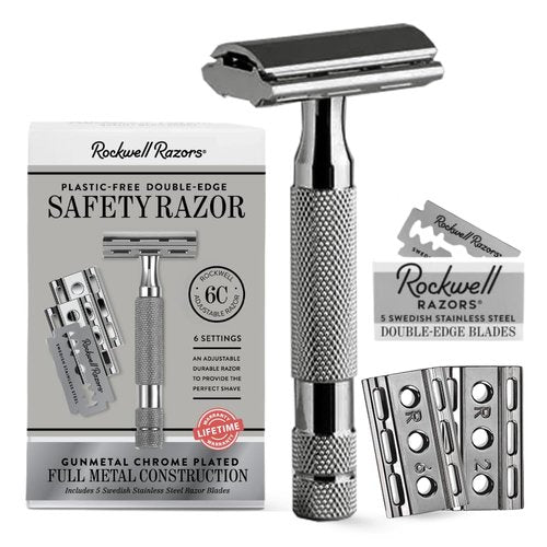 Rockwell Razors 6C Gunmetal Chrome Safety Razor - 6 Adjustable Settings & 5 Recyclable Blades | Eco-Friendly Shaving for All