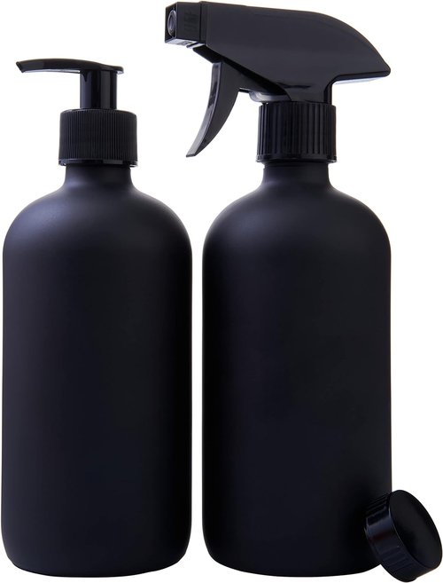 Boston Round Glass Bottles - 16oz Reusable Spray Bottle & Soap Dispenser Set of 2