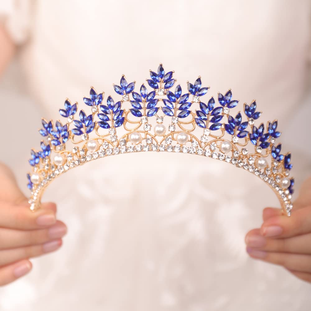 JWICOS Baroque Tiara Crown for Women Pearl Floral Queen Crown Bridal Headpieces for Brides and Bridesmaid Royal Accessories for Birthday Prom Pageant Party Gift (Blue)