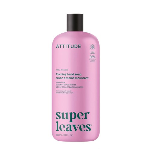 ATTITUDE Foaming Hand Soap Refill - Natural & Plant-Based, EWG Verified, Coconut & Wildberries Scent, 30 Fl Oz