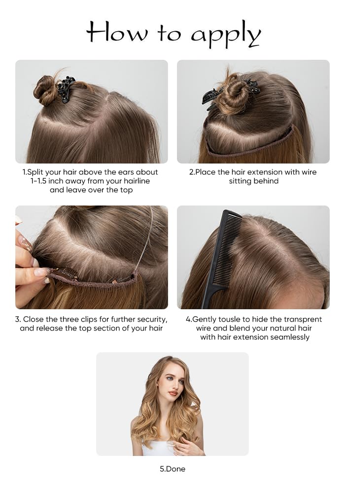 SARLA Invisible Wire Hair Extensions with 3 Clips Short Wavy Curly Synthetic Hairpiece for Women Adjustable Transparent Headband 14 Inch Coffee Brown