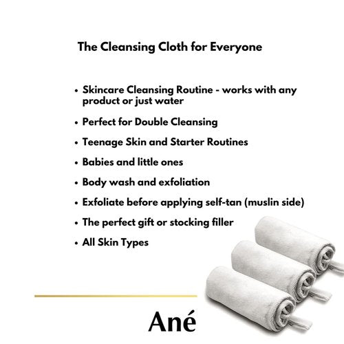 Ané Makeup Remover | 3-Pack Double-Sided Muslin & Microfiber Face Cleansing Cloths