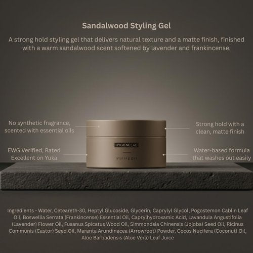 HygieneLab Men's Hair Gel - EWG Verified, Strong Hold & Matte Finish, Weightless Texture, Sandalwood Scent