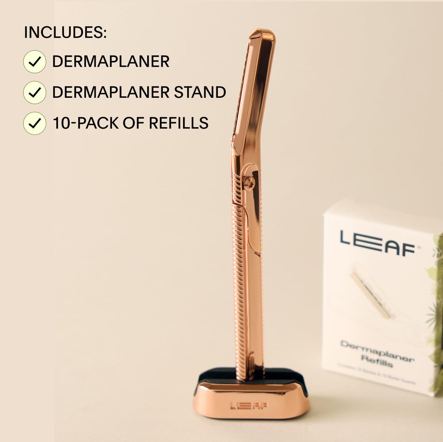 Leaf Shave | The Leaf Dermaplaner Kit, Silver - All-Metal Facial Razor and Exfoliating Tool for Women; Gift Set Includes 1x Dermaplaner, 1x Stand, & 12x Refills