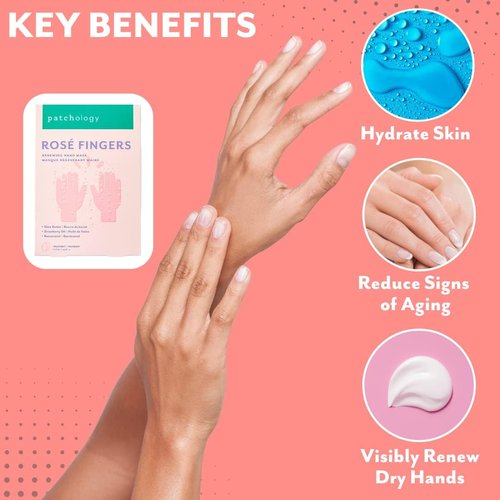 Patchology Rosé Fingers Hand Mask - Strawberry-Scented Moisturizing Gloves with Shea Butter for Soft Skin | 1 Pair