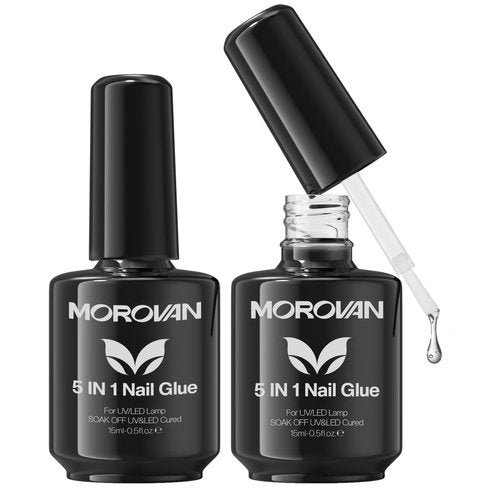 Morovan 5 in 1 Nail Glue Gel for Nail Tips: Clear Acrylic Nails Base Gel Nail Glue Easy Application Long Lasting Clear Glossy No Wipe Nail Repair Treatment