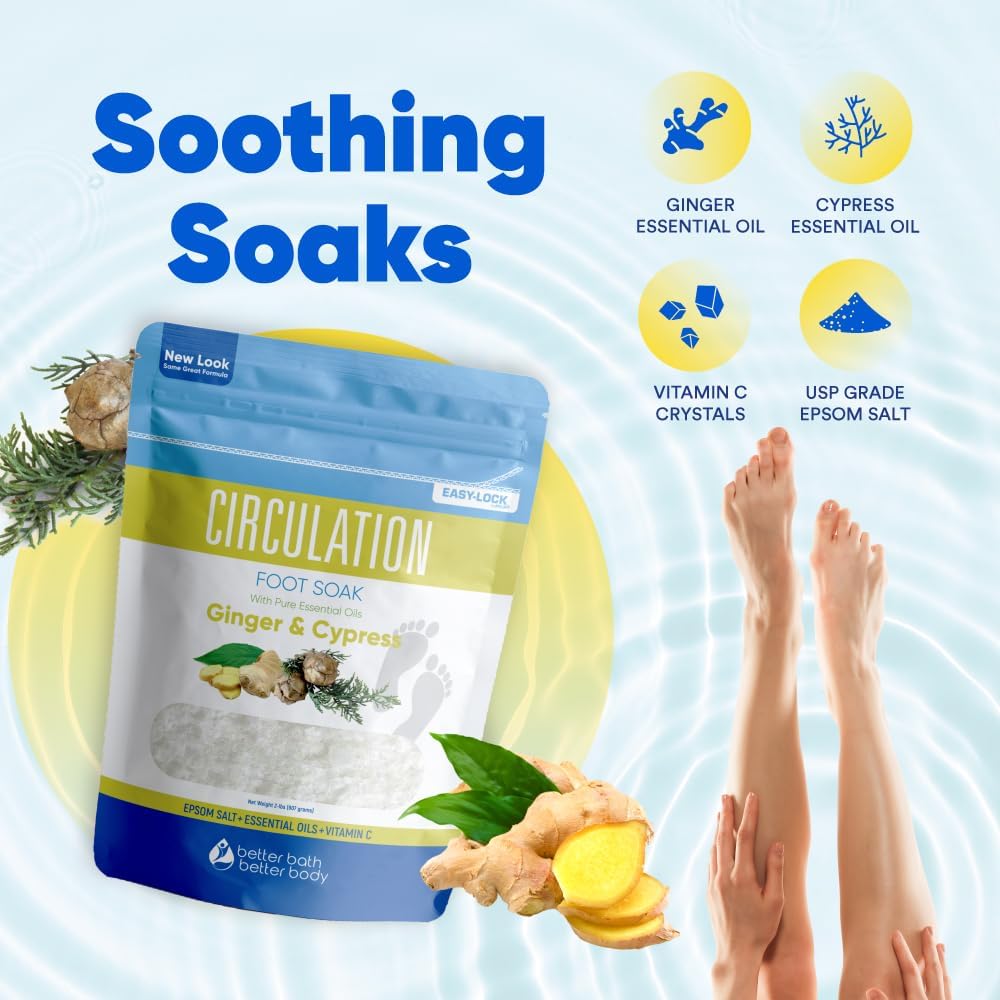 Skiennix Epsom Salt Foot Soak - 32 Ounces with Ginger & Cypress Essential Oils | Vitamin C Infused, BPA-Free Pouch
