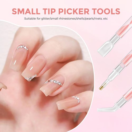 Rhinestone Picker Tool Kit: 2Pcs Rhinestone Picker Handle, Dual-Ended Rhinestones Applicator Dotting Pen with 12 Upgraded Plastic Replacement Tips, Clay, Bedazzling Tools for Nail Art Craft (Pink)