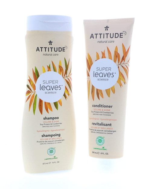 ATTITUDE Super Leaves Volume Shine Shampoo & Conditioner Bundle - Soy Protein, Cranberries & Vitamin B5 | 16 Fl Oz & 8 Fl Oz