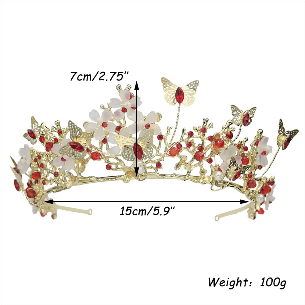 Brihasory Butterfly Queen Birthday Crowns Gold Tiaras for Bride, Crystal Royal Princess Wedding Rhinestone Headband, Costmue Party Christmas Halloween Black Prom Headpiece for Women and Girls (Red)