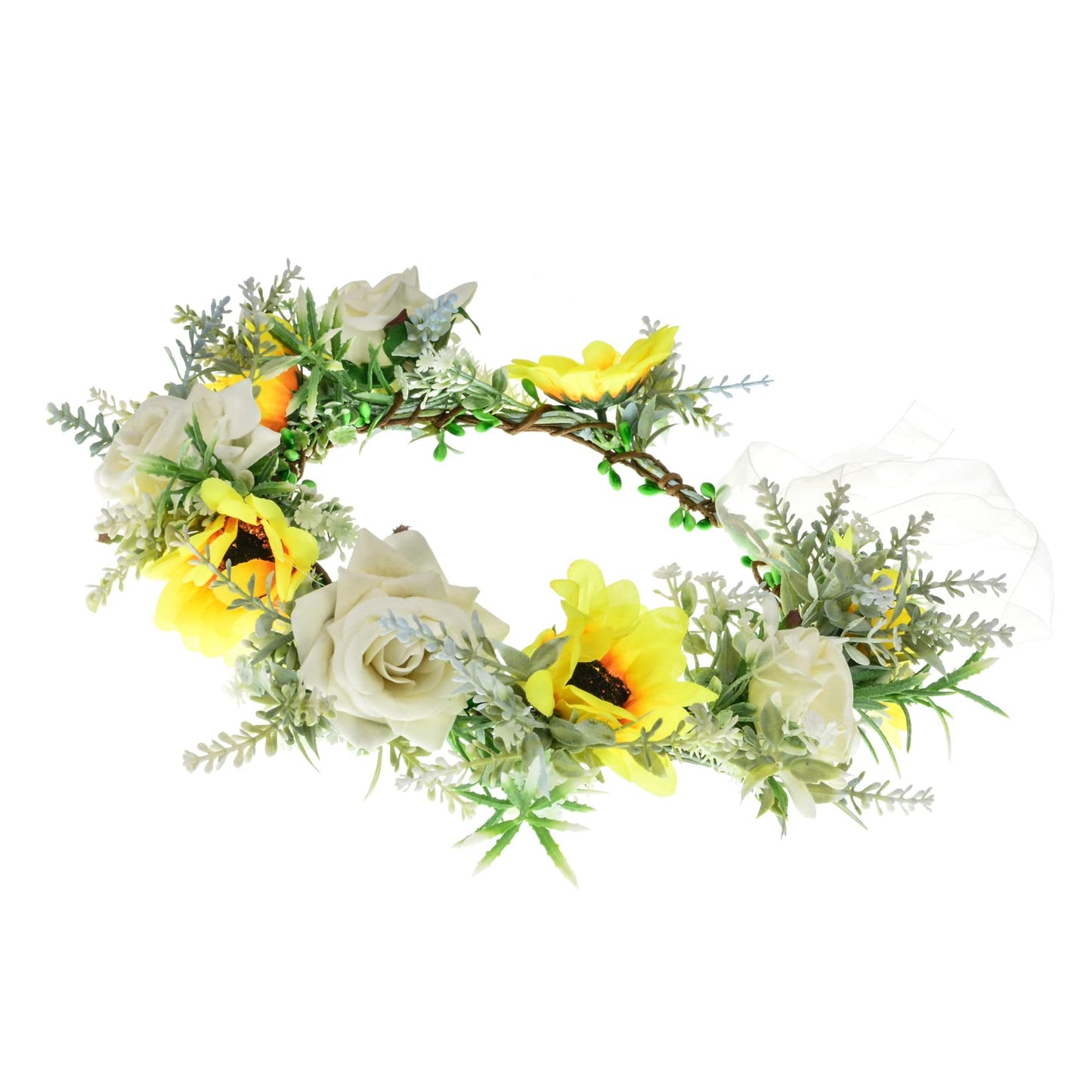 Love Sweety Women Velet Rose Floral Hair Wreath Greenery Leaf Flower Headband Sunflower Bridal Garland Halo Maternity Photograph (Sunflower White)