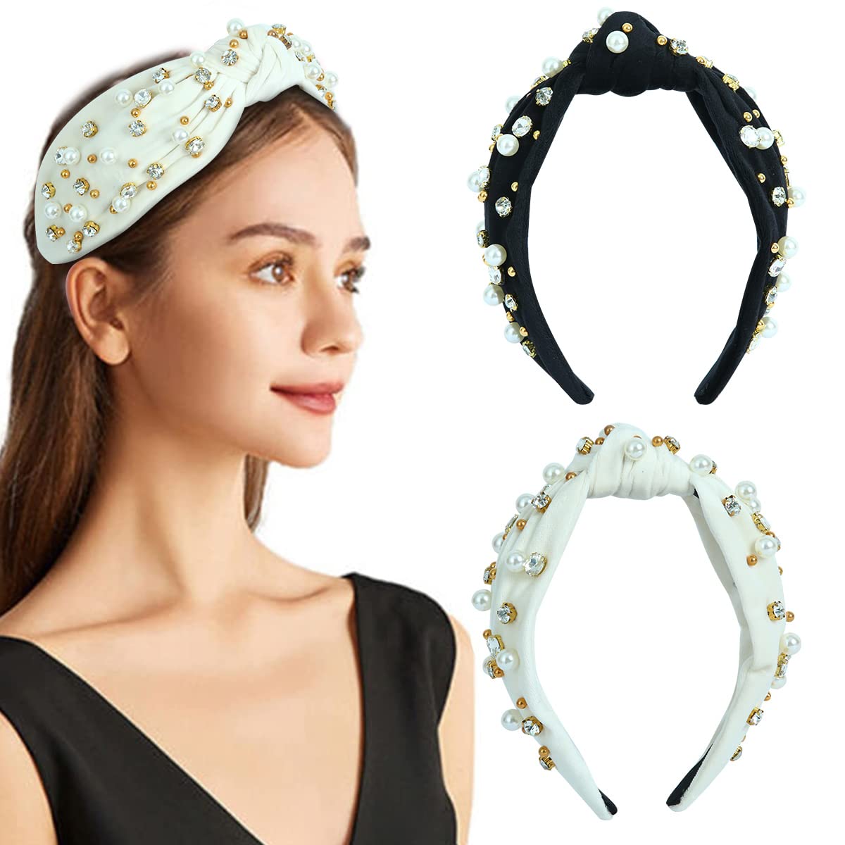 CULHEITE 2 Pack Pearly Knotted Women Headband Jeweled Embellished Gem Hairband White Black Set Luxury Fashion Hair Accessories for Women Mother's Day Gifts