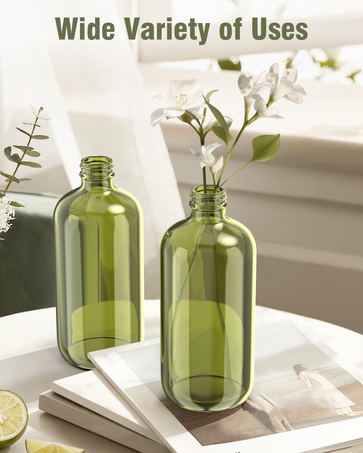 Glass Spray Bottle, Olive Green Glass Spray Bottle Set & Accessories for Non-toxic Window Cleaners Aromatherapy Facial Hydration Watering Flowers Hair Care (2 Pack/16 oz)