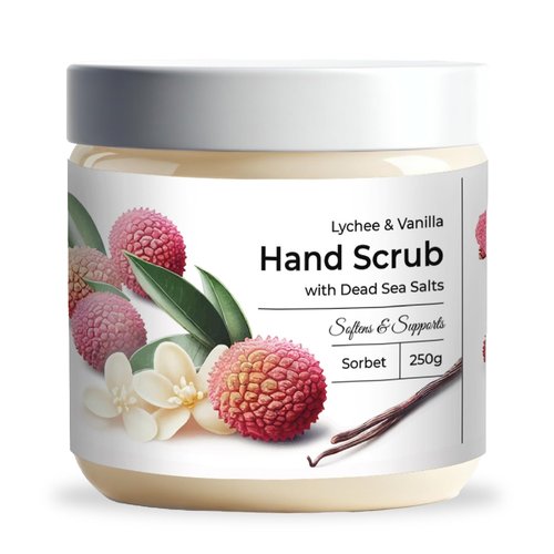 CalmGrace Exfoliating Hand Scrub with Dead Sea Salts, Lychee & Vanilla Scent | Hand Scrub Exfoliator in Sorbet Texture, Body Care Moisturizer | Fortified with Aloe Vera, Coconut Oil, Vitamin C