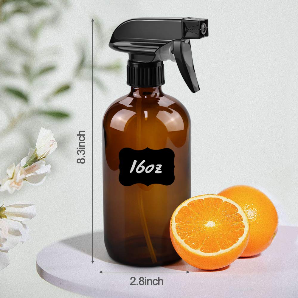 Worldgsb 16oz Amber Glass Spray Bottles - Reusable with Labels & Adjustable Nozzle for Cleaning, Food, Plants