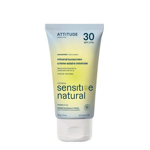 ATTITUDE Mineral Sunscreen - EWG Verified SPF 30 for Sensitive Skin | Broad Spectrum UVA/UVB, Unscented, 5.2 Oz