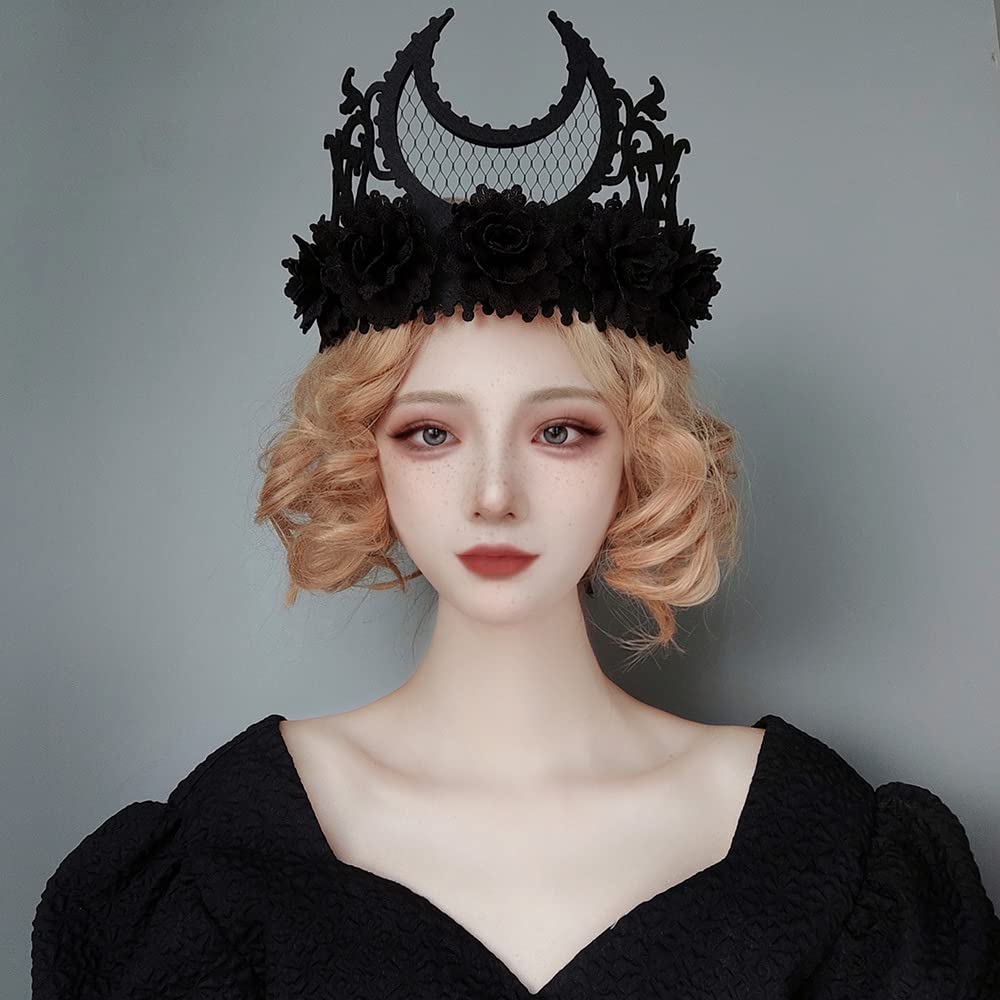 Love Sweety Halloween Vintage Crown Rose Headband Gothic Floral Headpiece (Moon Crown)