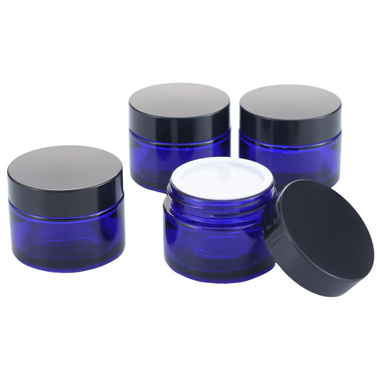 OverNews 4PCS 2oz Glass Jar Travel Size, Empty Cosmetic Lotion Container with Black Lid & Spatula, Small Mini Jar for Beauty (Blue)
