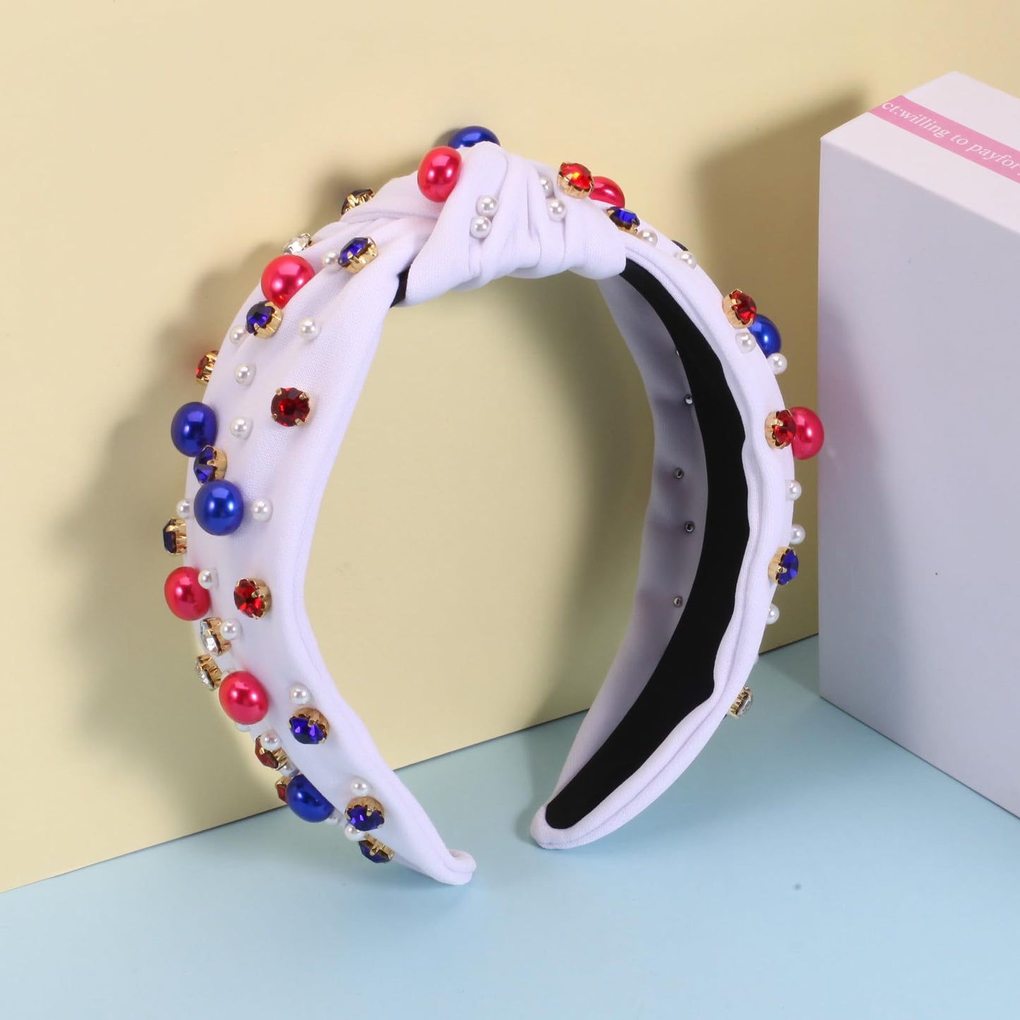 Ardorchid Fourth of July Headbands for Women Girls Red White and Blue Pearl Wide Knottted Headband American Independence Day Patriotic Headband Rhinestone Hair Accessories Non Slip Hair Hoop